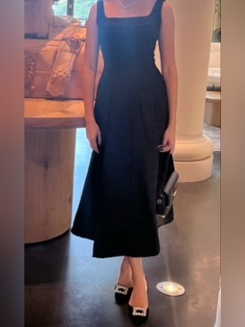 Classic Elegant Jacquard Evening Black Square-Neck Midi Dress